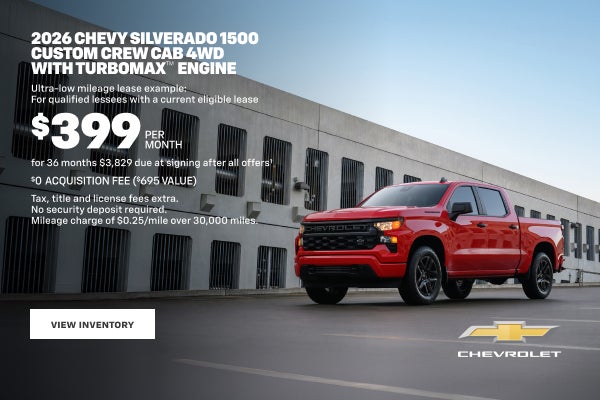 2026 Chevy Silverado 1500 Custom Crew Cab 4WD with TurboMax Engine. Ultra-low mileage lease examp...